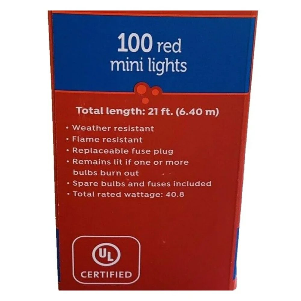 RED Mini Lights String 100 Count Green Wire Valentines Christmas Incandescen 20'